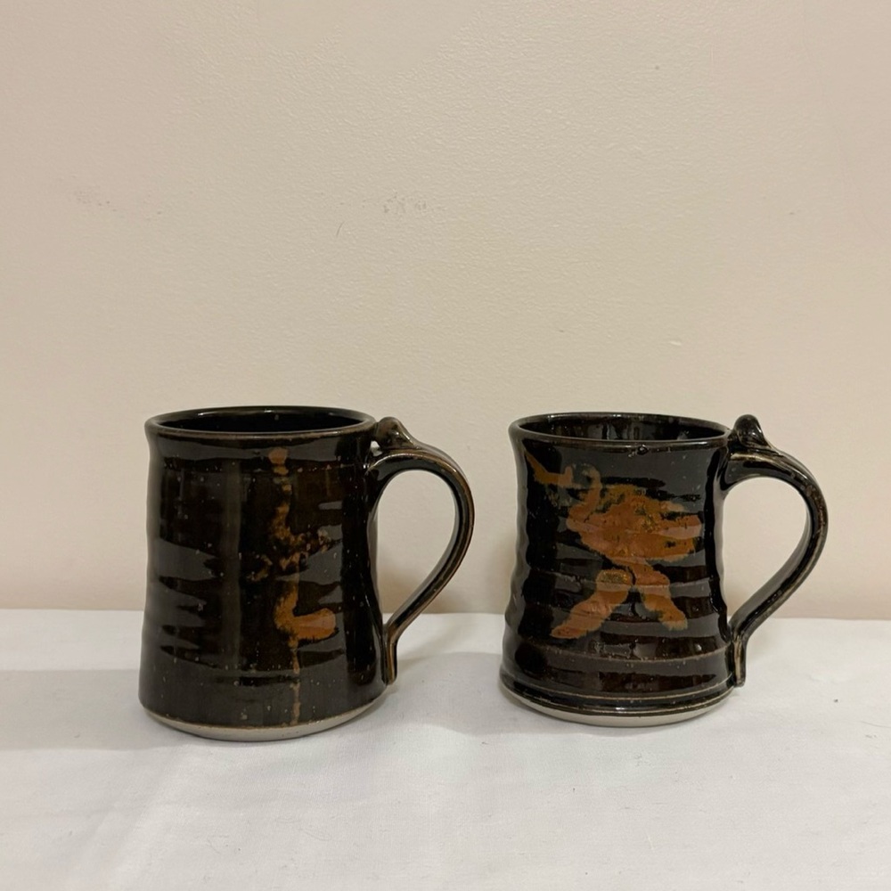 Set of 2 beautiful brown studio pottery mugs - signed